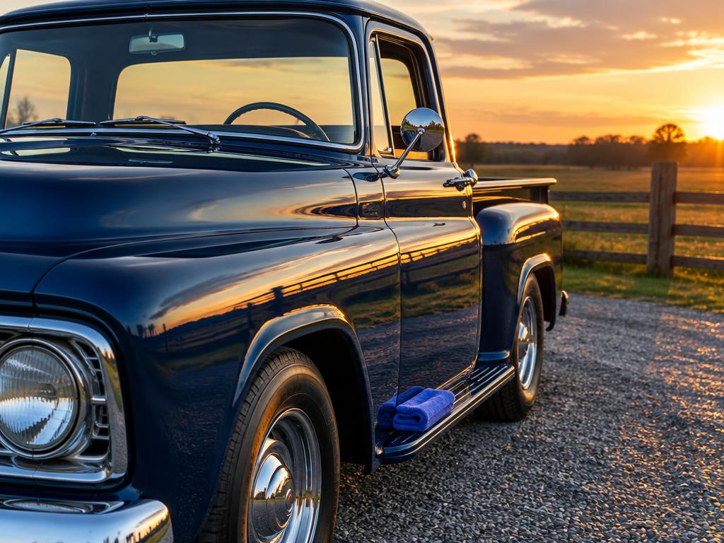 Glossy detailed classic pickup truck at sunset in the country